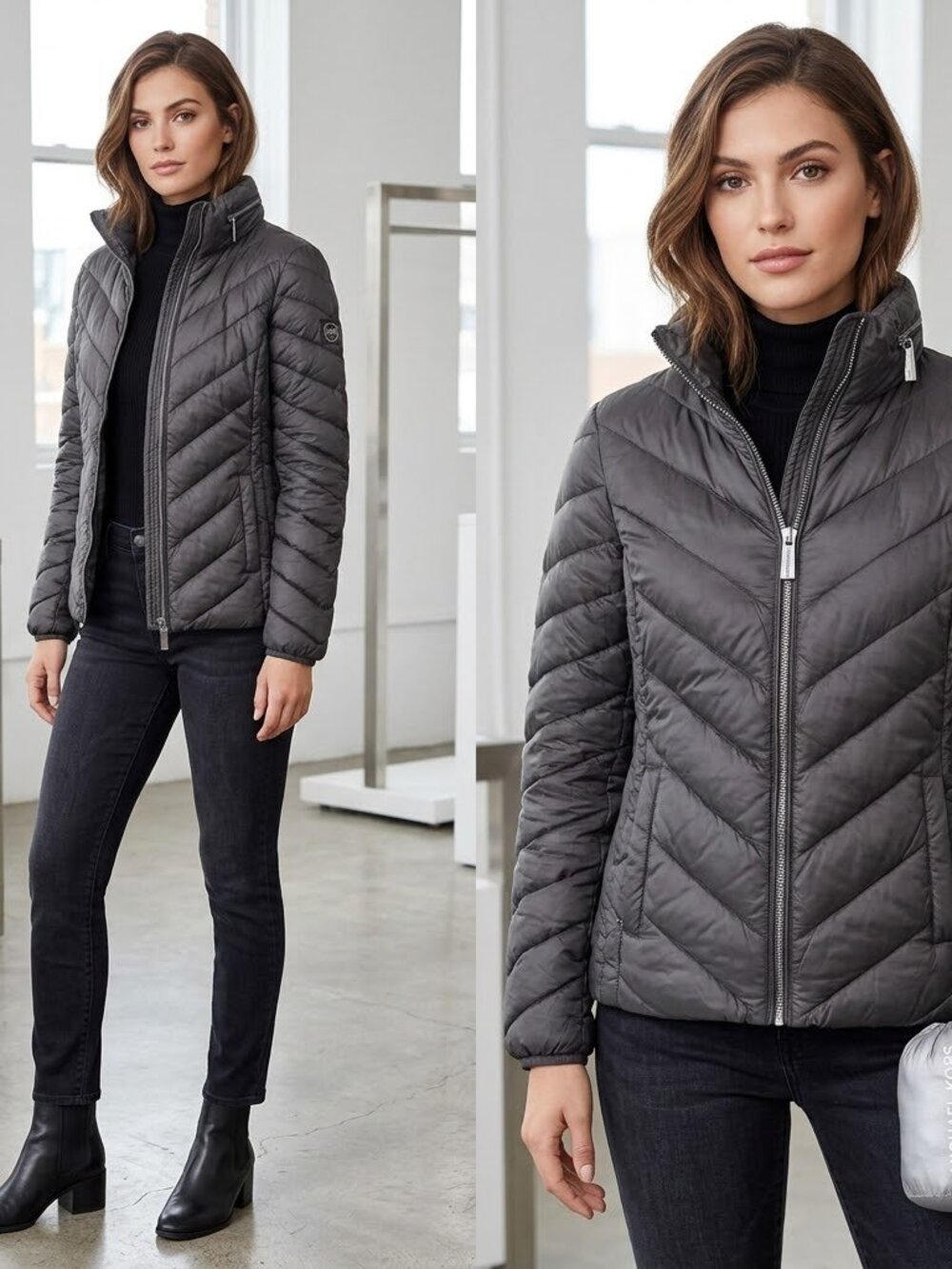 Michael Kors packable Down gray full zip puffer hidden hood jacket sz S
